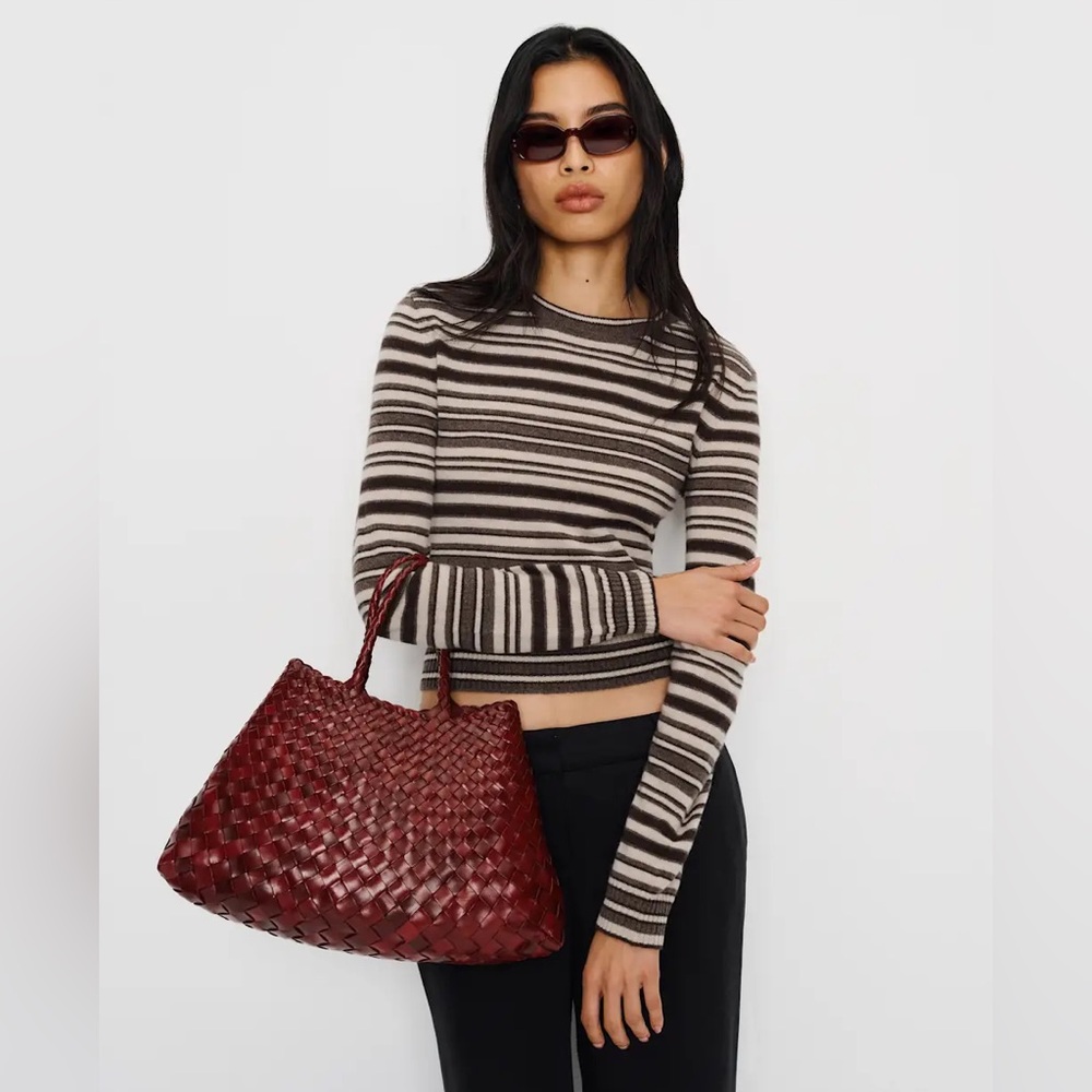 Reformation liam striped Crewneck Sweater in Cream and Brown